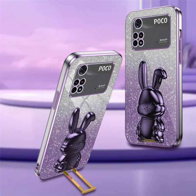 For Xiaomi Poco M4 Pro 4G Case Cartoon Rabbit PC+TPU Phone Cover with Pull-out Kickstand - Purple