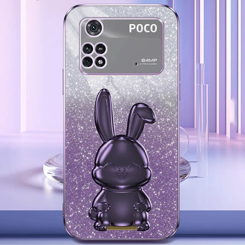 For Xiaomi Poco M4 Pro 4G Case Cartoon Rabbit PC+TPU Phone Cover with Pull-out Kickstand - Purple