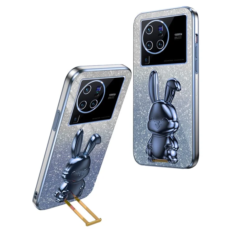 Para vivo X80 Pro 5G Capa de Telefone Celular de PC+TPU com Desenho de Coelho de Desenho Animado e Suporte - Azul