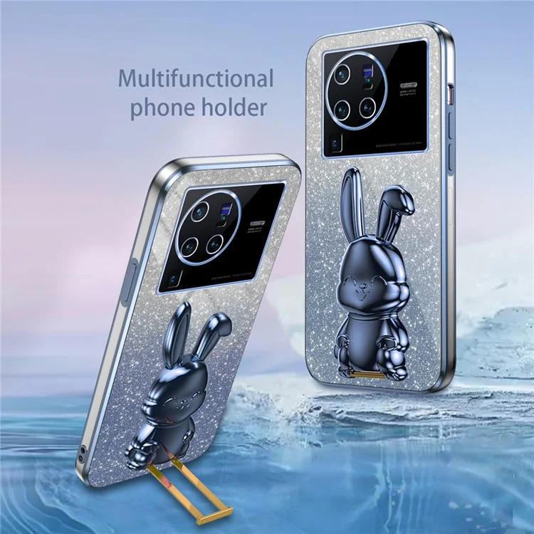 Para vivo X80 Pro 5G Capa de Telefone Celular de PC+TPU com Desenho de Coelho de Desenho Animado e Suporte - Azul