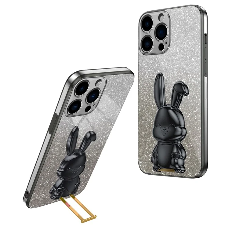 For iPhone 14 Pro Max Case Scratch Resistant Lovely Rabbit Pull-out Kickstand Phone Cover - Black