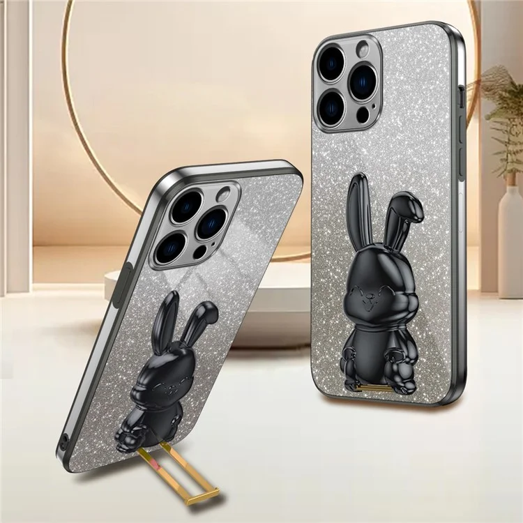 For iPhone 14 Pro Max Case Scratch Resistant Lovely Rabbit Pull-out Kickstand Phone Cover - Black