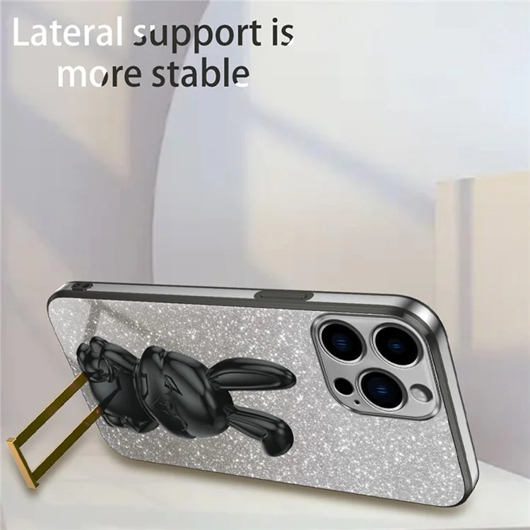 For iPhone 14 Pro Max Case Scratch Resistant Lovely Rabbit Pull-out Kickstand Phone Cover - Black