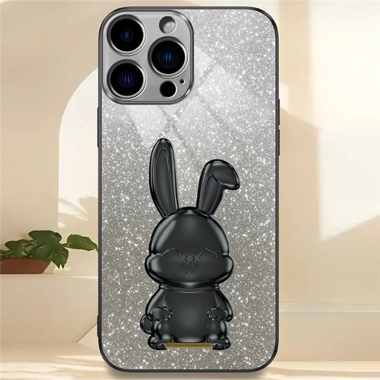 For iPhone 14 Pro Max Case Scratch Resistant Lovely Rabbit Pull-out Kickstand Phone Cover - Black