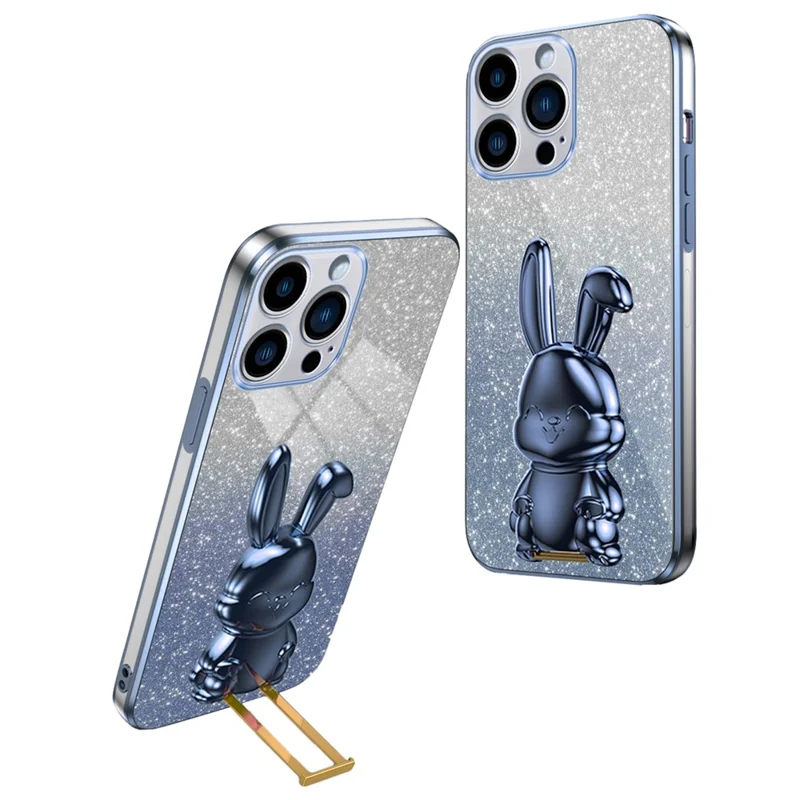 For iPhone 15 Pro Cell Phone Case Glitter Rabbit Pull-out Kickstand Cover - Blue