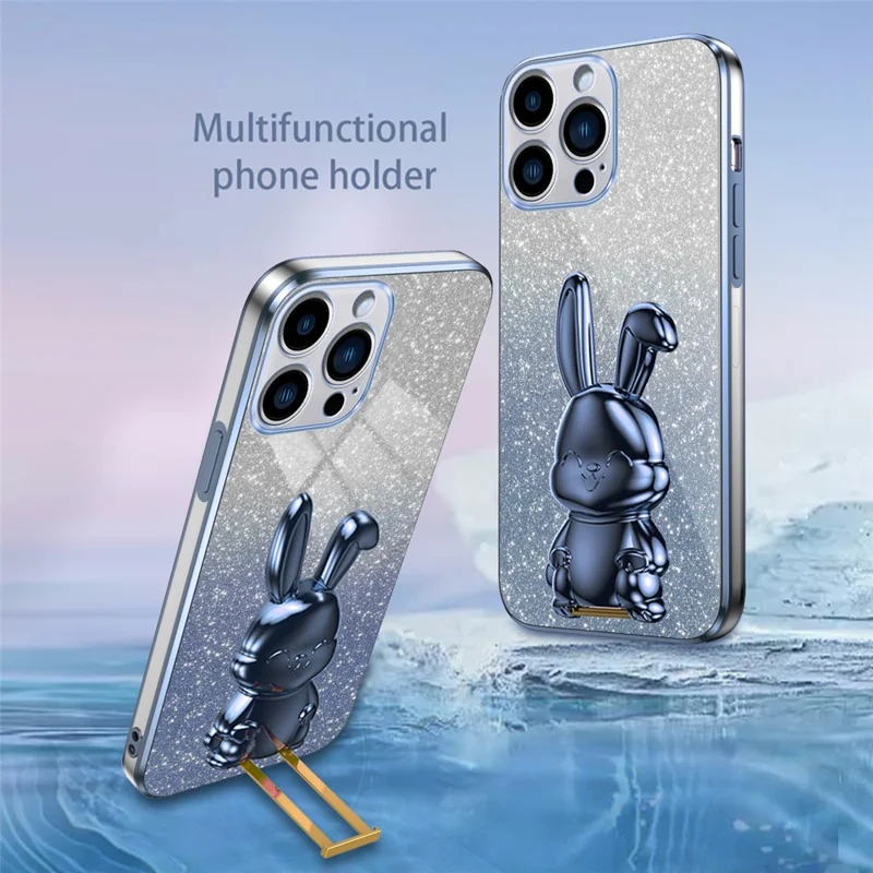 For iPhone 15 Pro Cell Phone Case Glitter Rabbit Pull-out Kickstand Cover - Blue