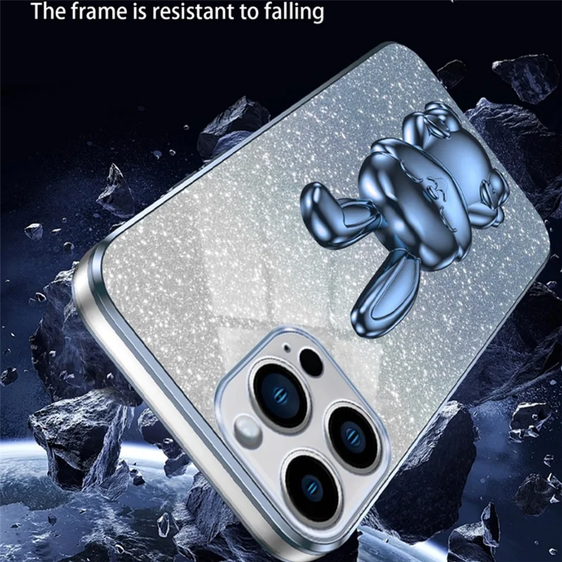 For iPhone 15 Pro Cell Phone Case Glitter Rabbit Pull-out Kickstand Cover - Blue