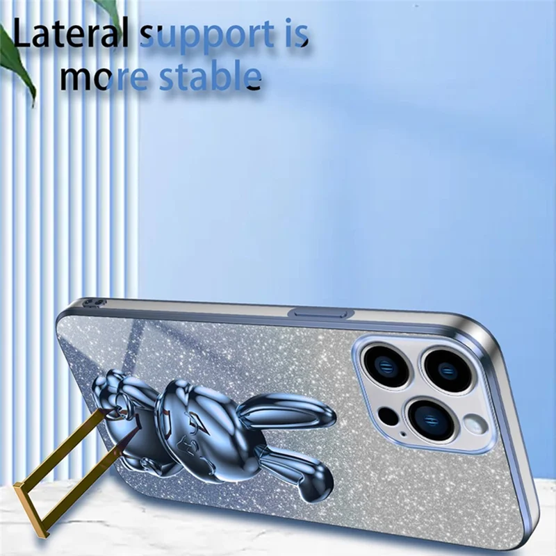 For iPhone 15 Pro Cell Phone Case Glitter Rabbit Pull-out Kickstand Cover - Blue