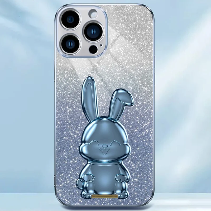 For iPhone 15 Pro Cell Phone Case Glitter Rabbit Pull-out Kickstand Cover - Blue