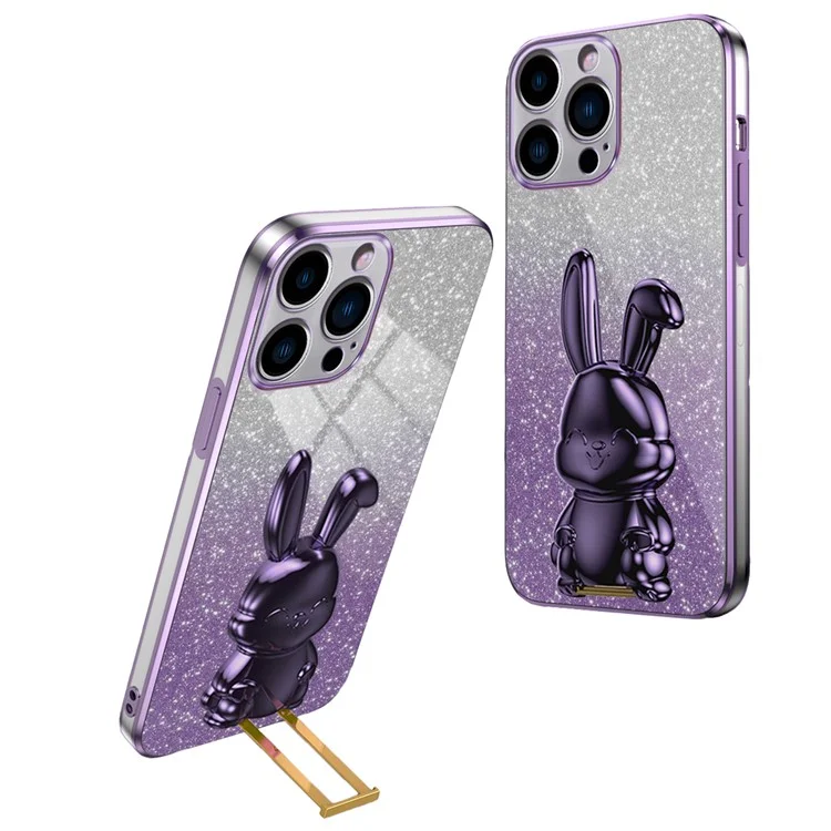 Задняя крышка для iPhone 15 Pro Max Cute Rabbit Electroplating Phone Cover with Kickstand - фиолетовый