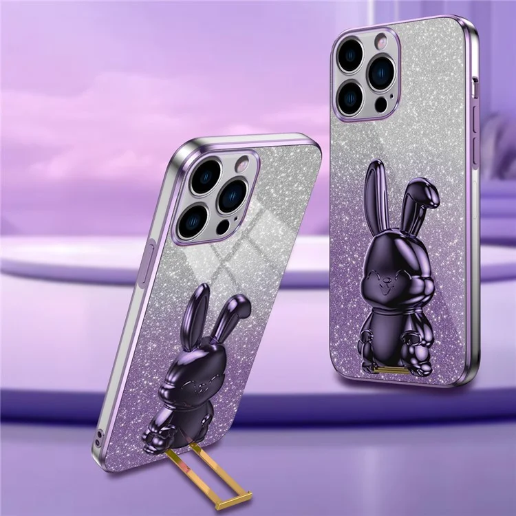 Задняя крышка для iPhone 15 Pro Max Cute Rabbit Electroplating Phone Cover with Kickstand - фиолетовый