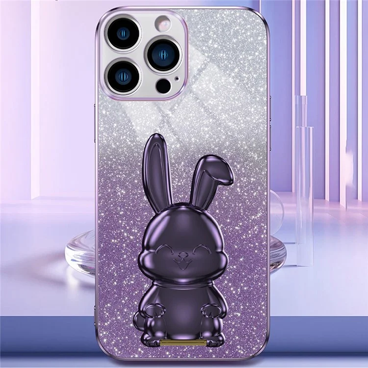 Задняя крышка для iPhone 15 Pro Max Cute Rabbit Electroplating Phone Cover with Kickstand - фиолетовый