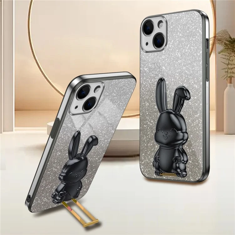 For iPhone 14 Plus Shockproof Cute Rabbit Glitter Case Phone Cover with Kickstand - Black