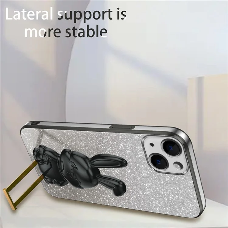 For iPhone 14 Plus Shockproof Cute Rabbit Glitter Case Phone Cover with Kickstand - Black