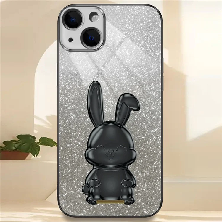 For iPhone 14 Plus Shockproof Cute Rabbit Glitter Case Phone Cover with Kickstand - Black