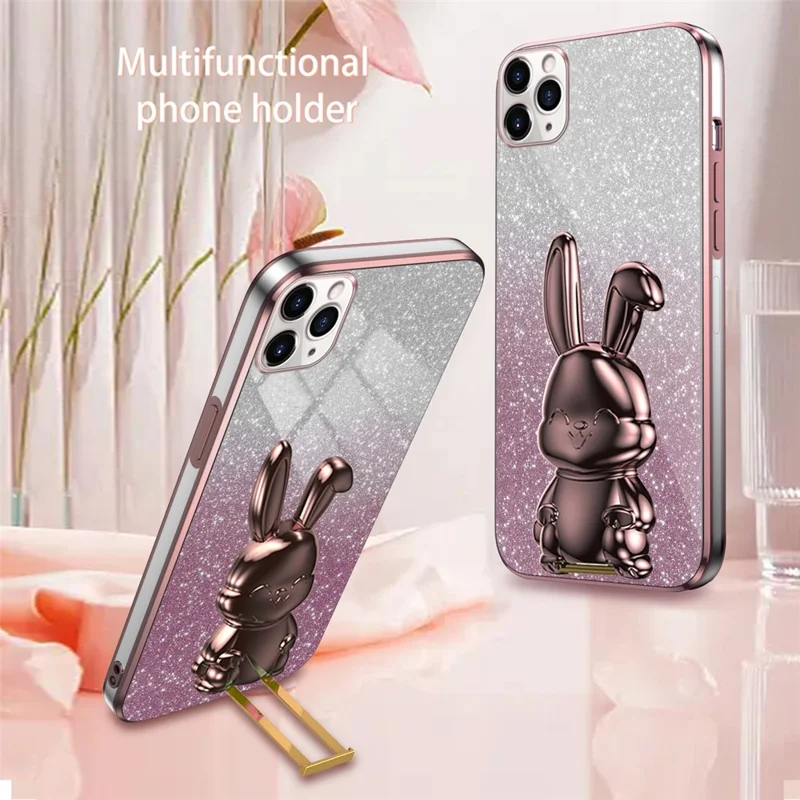 For iPhone 11 Pro Pull-out Kickstand Cartoon Rabbit Protective Case Phone Cover - Pink