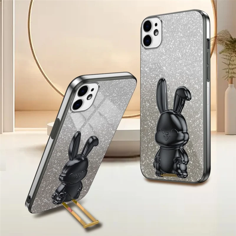 For iPhone 12 mini Glitter Powder Case Pull-out Kickstand Smart Phone Cover - Black