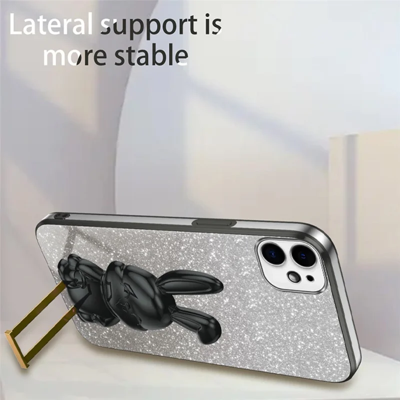 For iPhone 12 mini Glitter Powder Case Pull-out Kickstand Smart Phone Cover - Black
