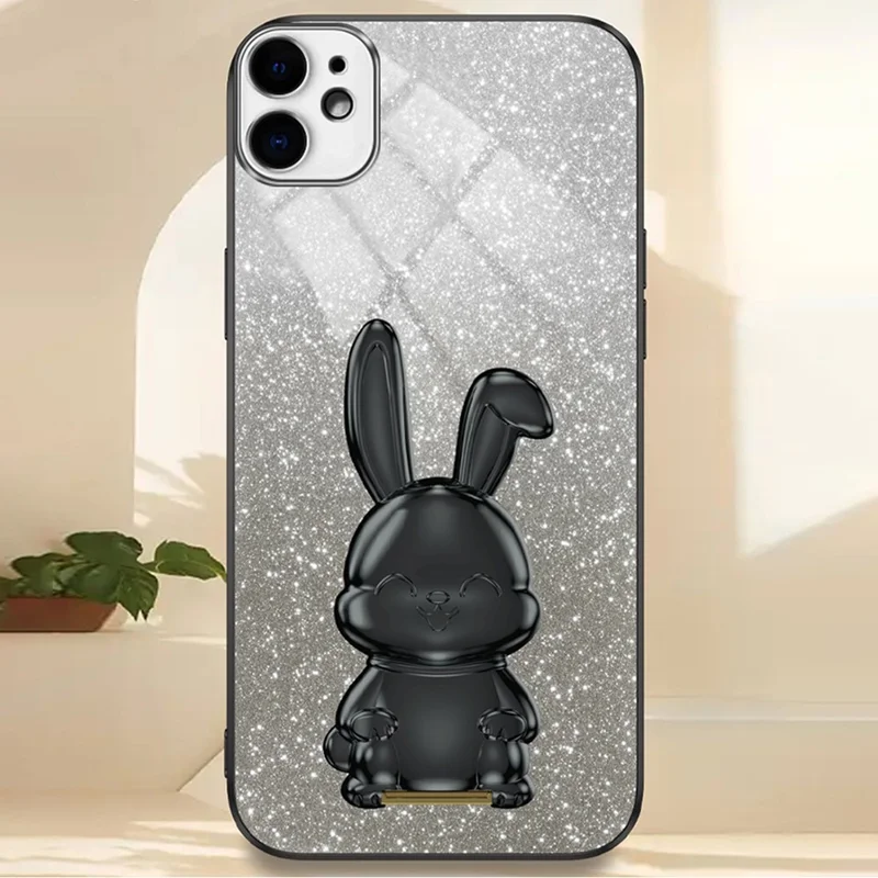 For iPhone 12 mini Glitter Powder Case Pull-out Kickstand Smart Phone Cover - Black