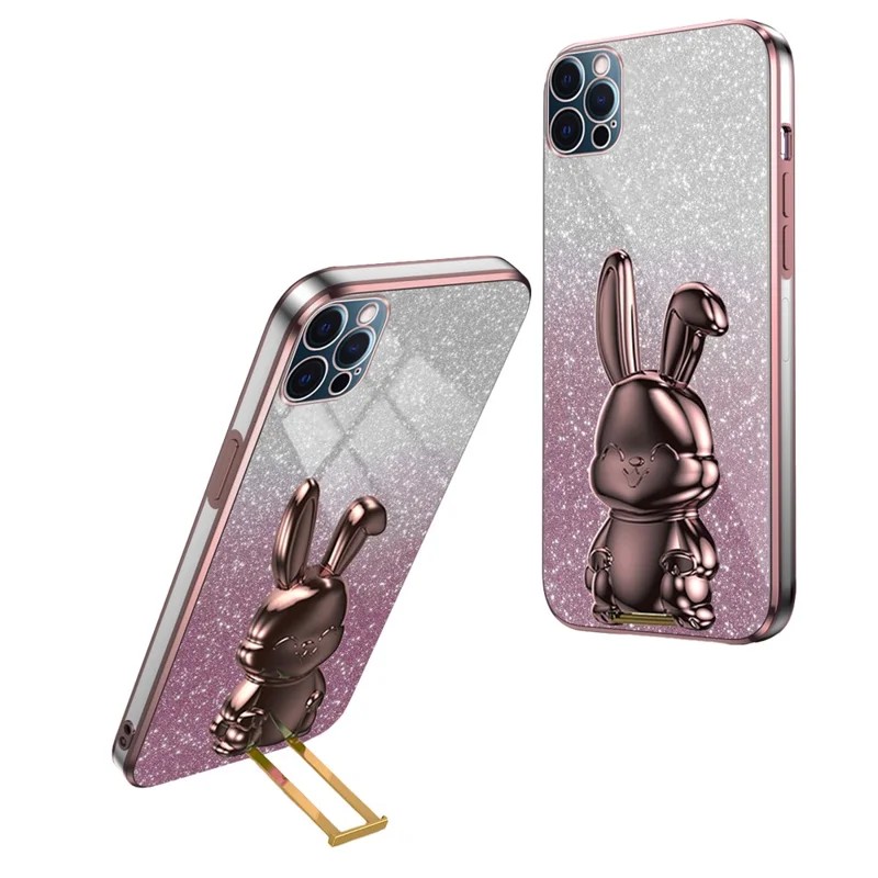 Para Iphone 12 Pro Electroplating Rabbit Prooft Case Pull-out Kickstand Phone Top Cover - Rosa