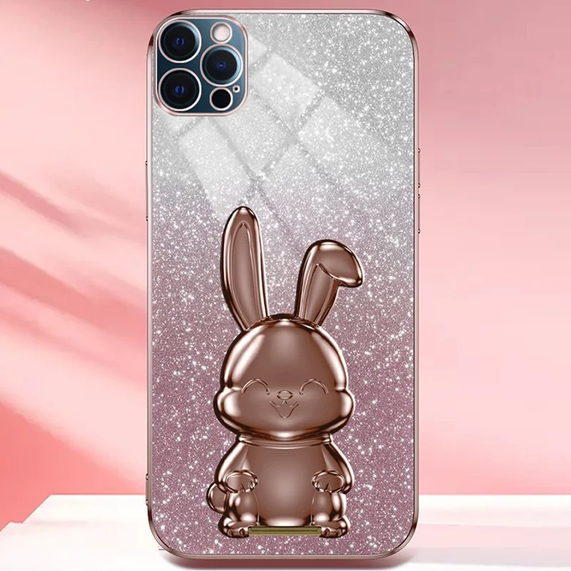 Para Iphone 12 Pro Electroplating Rabbit Prooft Case Pull-out Kickstand Phone Top Cover - Rosa