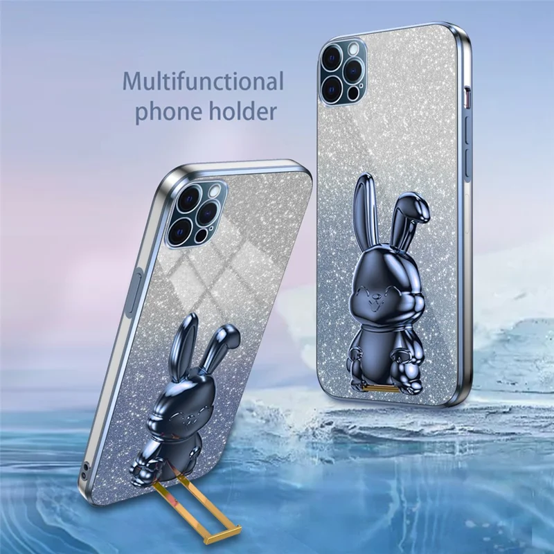 For iPhone 12 Pro Electroplating Rabbit Drop-proof Case Pull-out Kickstand Phone Cover - Blue
