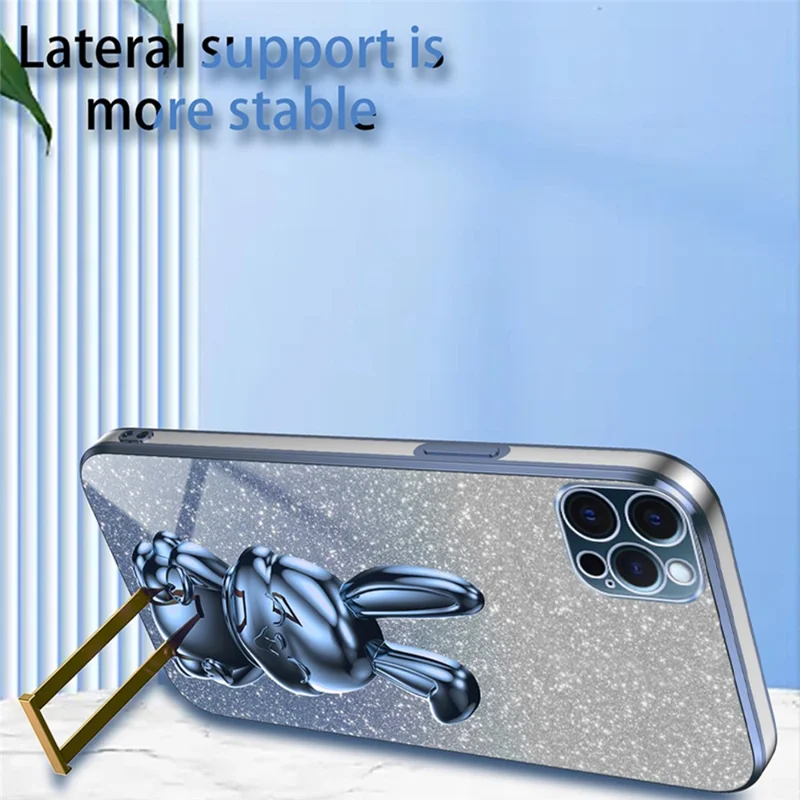 For iPhone 12 Pro Electroplating Rabbit Drop-proof Case Pull-out Kickstand Phone Cover - Blue