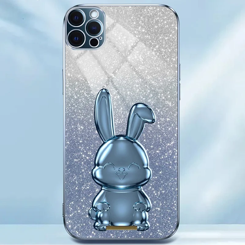 For iPhone 12 Pro Electroplating Rabbit Drop-proof Case Pull-out Kickstand Phone Cover - Blue