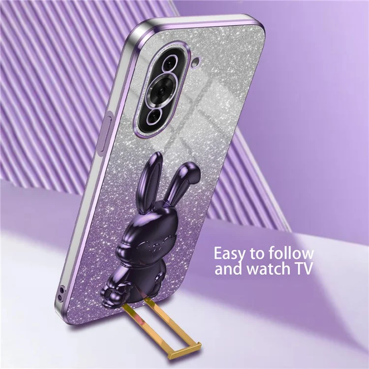 Funda de teléfono móvil 4G Huawei nova 10 Pro, diseño de conejo de dibujos animados, brillante, PC+TPU, con soporte desplegable - Púrpura