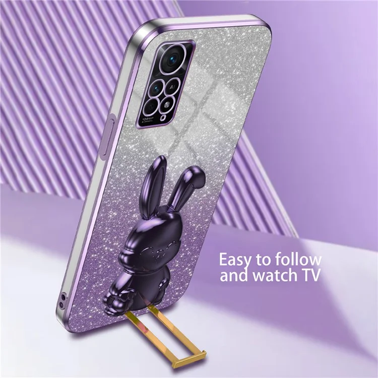 For Xiaomi Redmi Note 11E Pro 5G Pull-out Kickstand Phone Cover Electroplating Rabbit Case - Purple