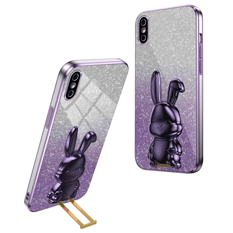 Voor iPhone XS Max Uitschuifbare Standaard Hoesje met Valbeveiliging Konijntje Hoes - Paars