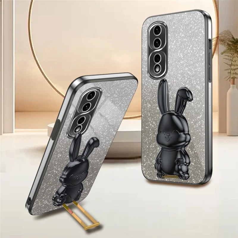 For Honor 80 Pro 5G Anti-Scratch PC+TPU Phone Cover Case Glitter Powder Shell with Kickstand - Black