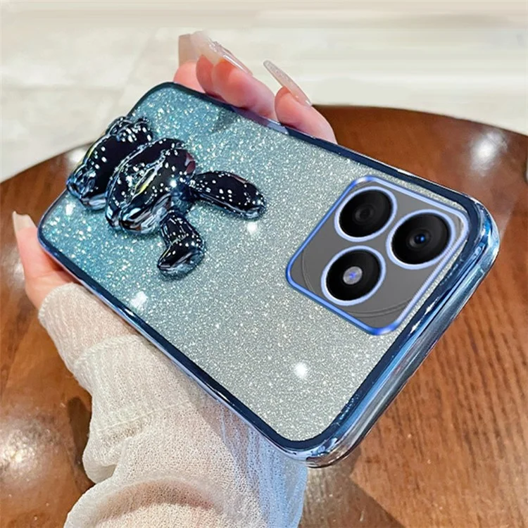 Funda para teléfono móvil For Honor X50i+ 5G - Conejo de dibujos animados, PC+TPU, con purpurina y soporte extraíble, anti-golpes - Azul