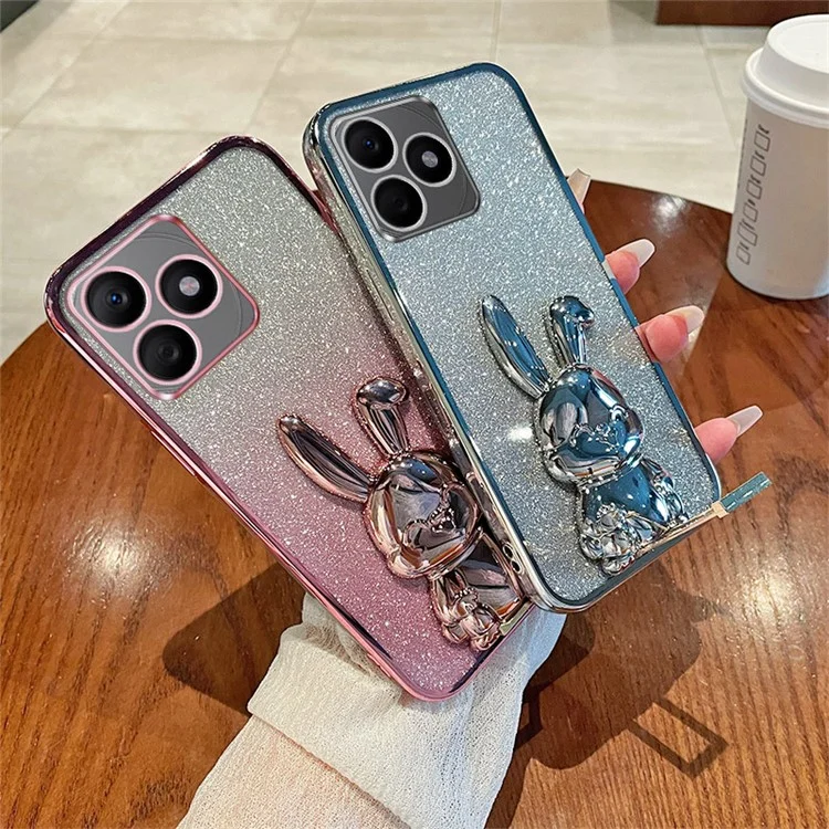 Funda para teléfono móvil For Honor X50i+ 5G - Conejo de dibujos animados, PC+TPU, con purpurina y soporte extraíble, anti-golpes - Azul