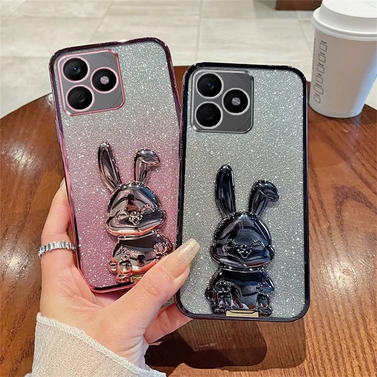 Funda para teléfono móvil For Honor X50i+ 5G - Conejo de dibujos animados, PC+TPU, con purpurina y soporte extraíble, anti-golpes - Azul