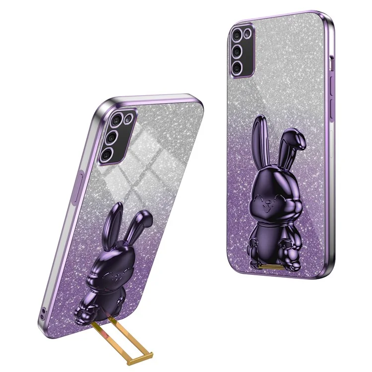 Para Samsung Galaxy A03s (164.2 x 75.9 x 9.1mm) Funda protectora de teléfono móvil con soporte plegable de conejo de dibujos animados - Morado