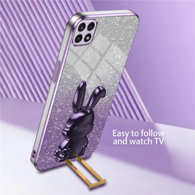 For Samsung Galaxy A22 5G (EU Version) Case Cute Rabbit Anti-shock Pull-out Kickstand Phone Cover - Purple