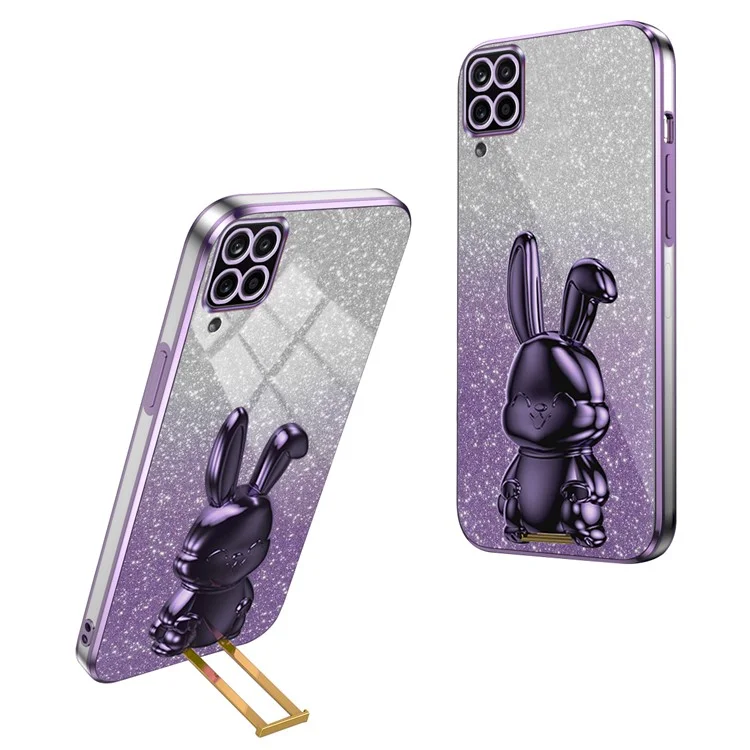 For Samsung Galaxy A22 4G (EU Version) Phone Case Lovely Rabbit Pull-out Kickstand Anti-scratch Cover - Purple