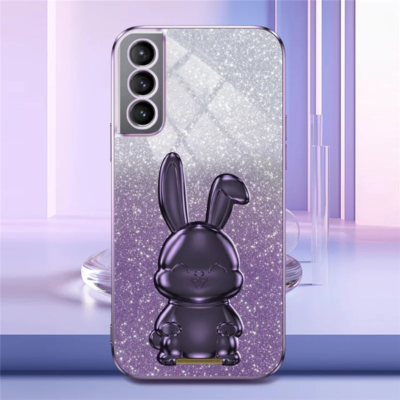 Für Samsung Galaxy S21 FE 5G Handyhülle Glitzer Cartoon Hase Cover mit Ständer - Lila