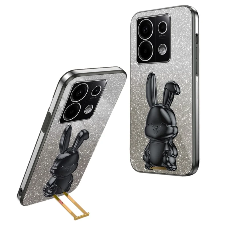For Xiaomi Redmi Note 13 Pro 5G / Poco X6 5G Phone Case Lovely Rabbit PC+TPU Pull-out Kickstand Cover - Black