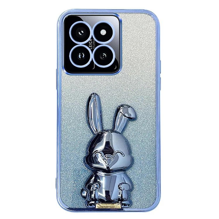 Для Xiaomi 14 Case Glitter Electroplated Cartoon Rabbit Phone Cover with Pull-out Kickstand - Blue