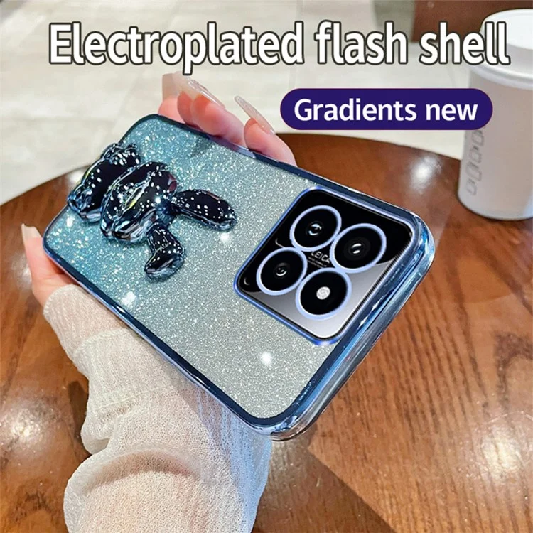 Для Xiaomi 14 Case Glitter Electroplated Cartoon Rabbit Phone Cover with Pull-out Kickstand - Blue