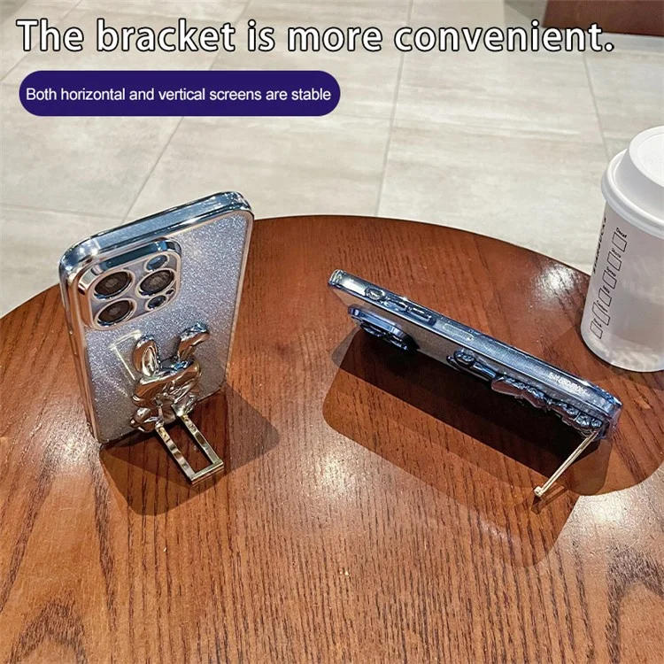Для Xiaomi 14 Case Glitter Electroplated Cartoon Rabbit Phone Cover with Pull-out Kickstand - Blue