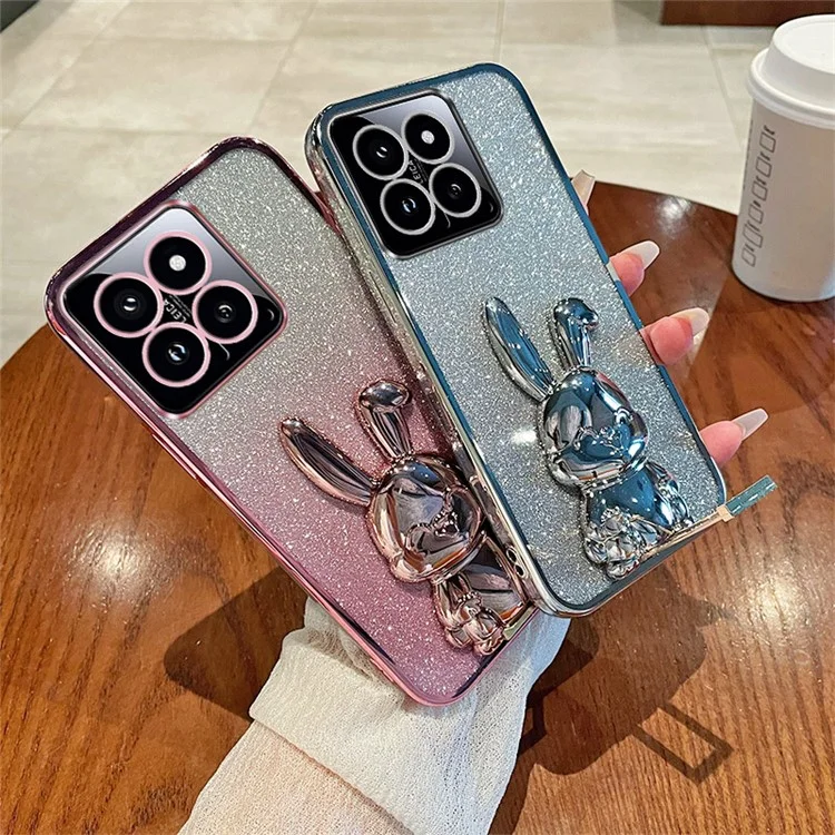 Для Xiaomi 14 Case Glitter Electroplated Cartoon Rabbit Phone Cover with Pull-out Kickstand - Blue