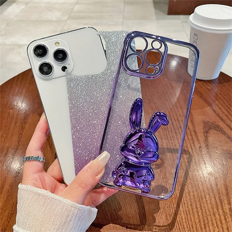 Для Xiaomi 14 Case Glitter Electroplated Cartoon Rabbit Phone Cover with Pull-out Kickstand - Blue