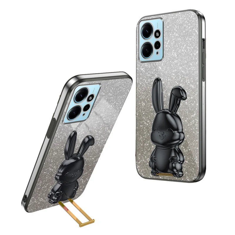For Xiaomi Redmi Note 12 4G Case Cute Rabbit Anti-shock Phone Cover with Pull-out Kickstand - Black