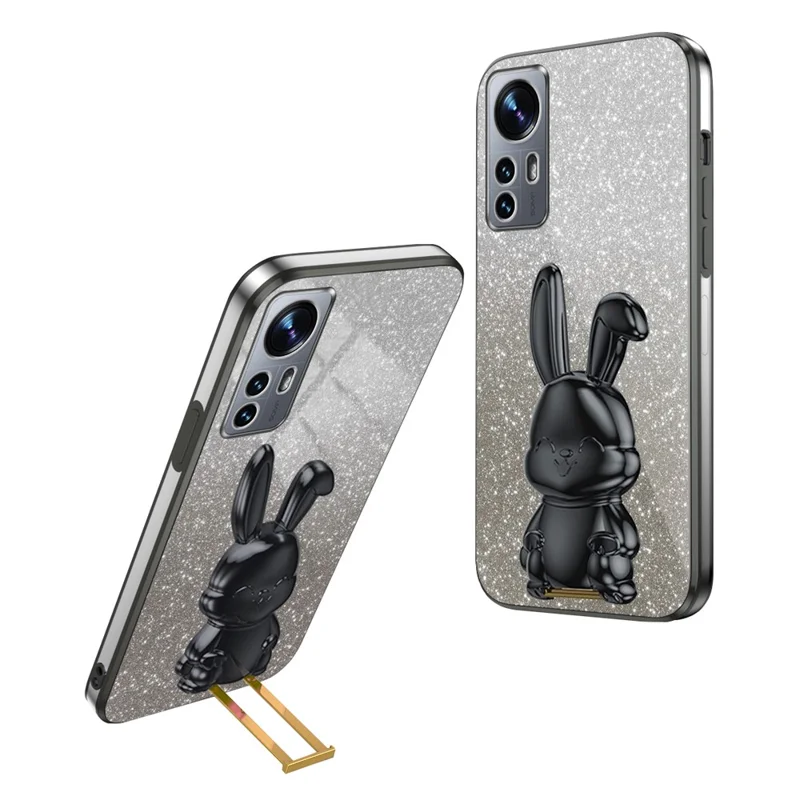 Per Xiaomi 12 Lite 5G Anti-caduta PC+TPU Adorabile Coniglio Custodia con Supporto Estraibile - Nero