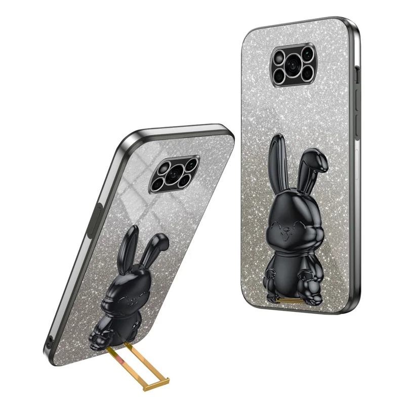 غطاء هاتف محمول مطلي بالكهرباء لهاتف Xiaomi Poco X3 / Poco X3 NFC مع حامل قابل للسحب من مادة PC+TPU - أسود