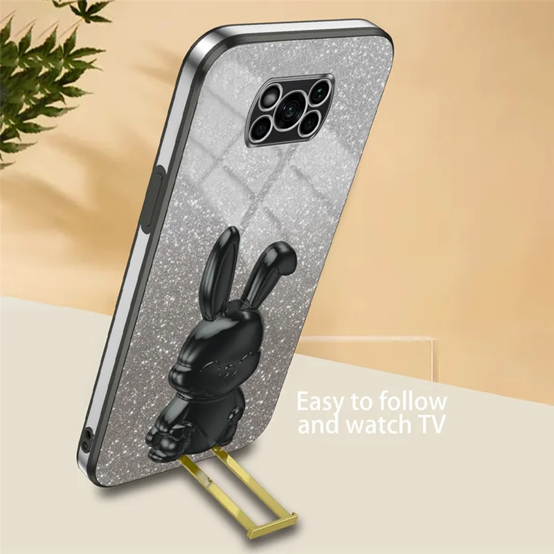 غطاء هاتف محمول مطلي بالكهرباء لهاتف Xiaomi Poco X3 / Poco X3 NFC مع حامل قابل للسحب من مادة PC+TPU - أسود