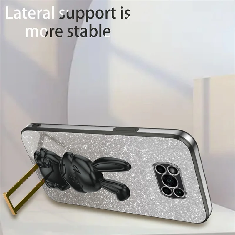 غطاء هاتف محمول مطلي بالكهرباء لهاتف Xiaomi Poco X3 / Poco X3 NFC مع حامل قابل للسحب من مادة PC+TPU - أسود